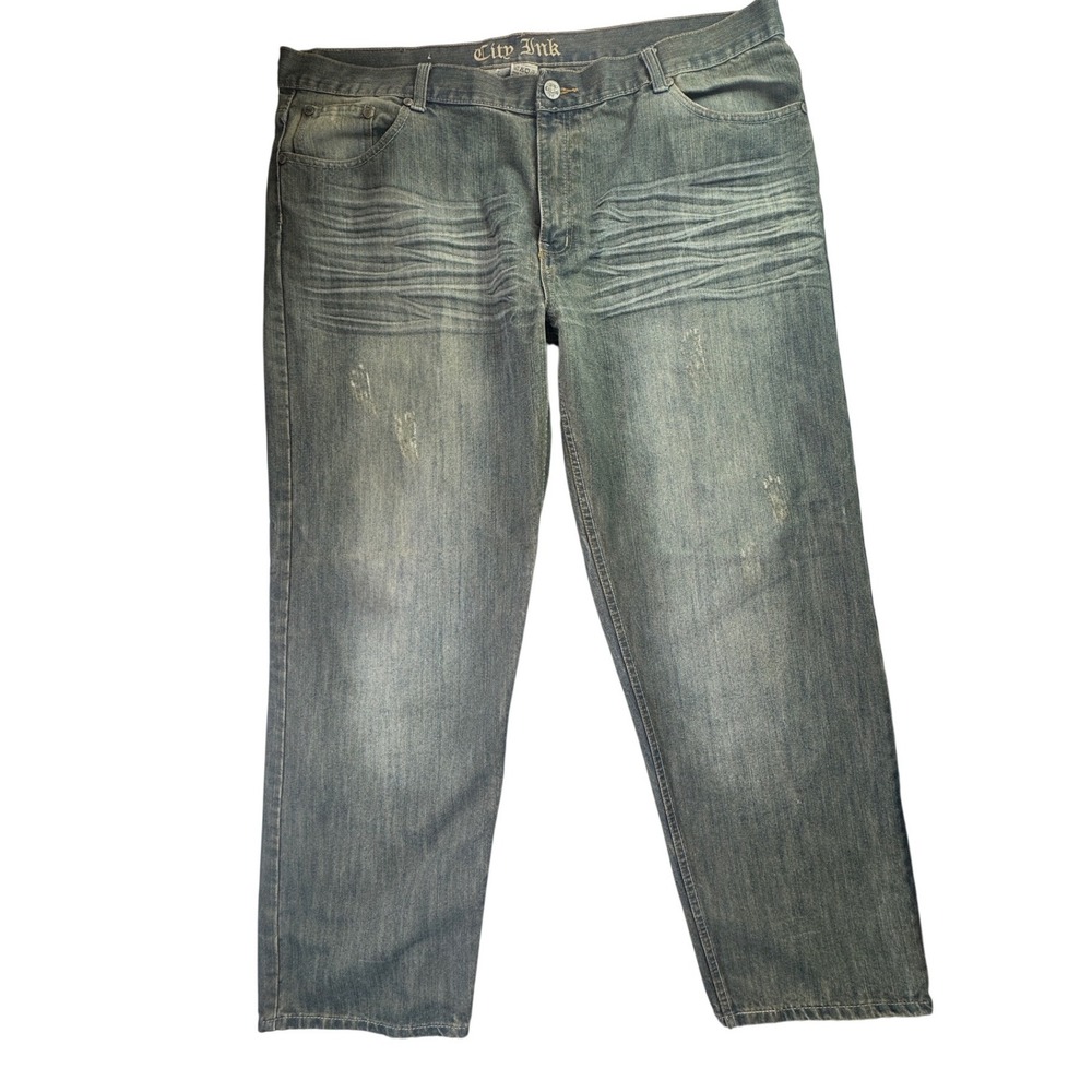 City Ink Men Blue Distressed Straight Leg Denim Jeans Size 44 Embroidered Y2K